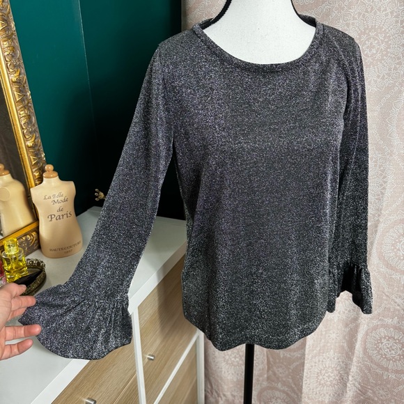 J. Crew Tops - J. Crew Shiny Silver Sparkle Metallic Bell Sleeve Blouse Size Medium Holiday